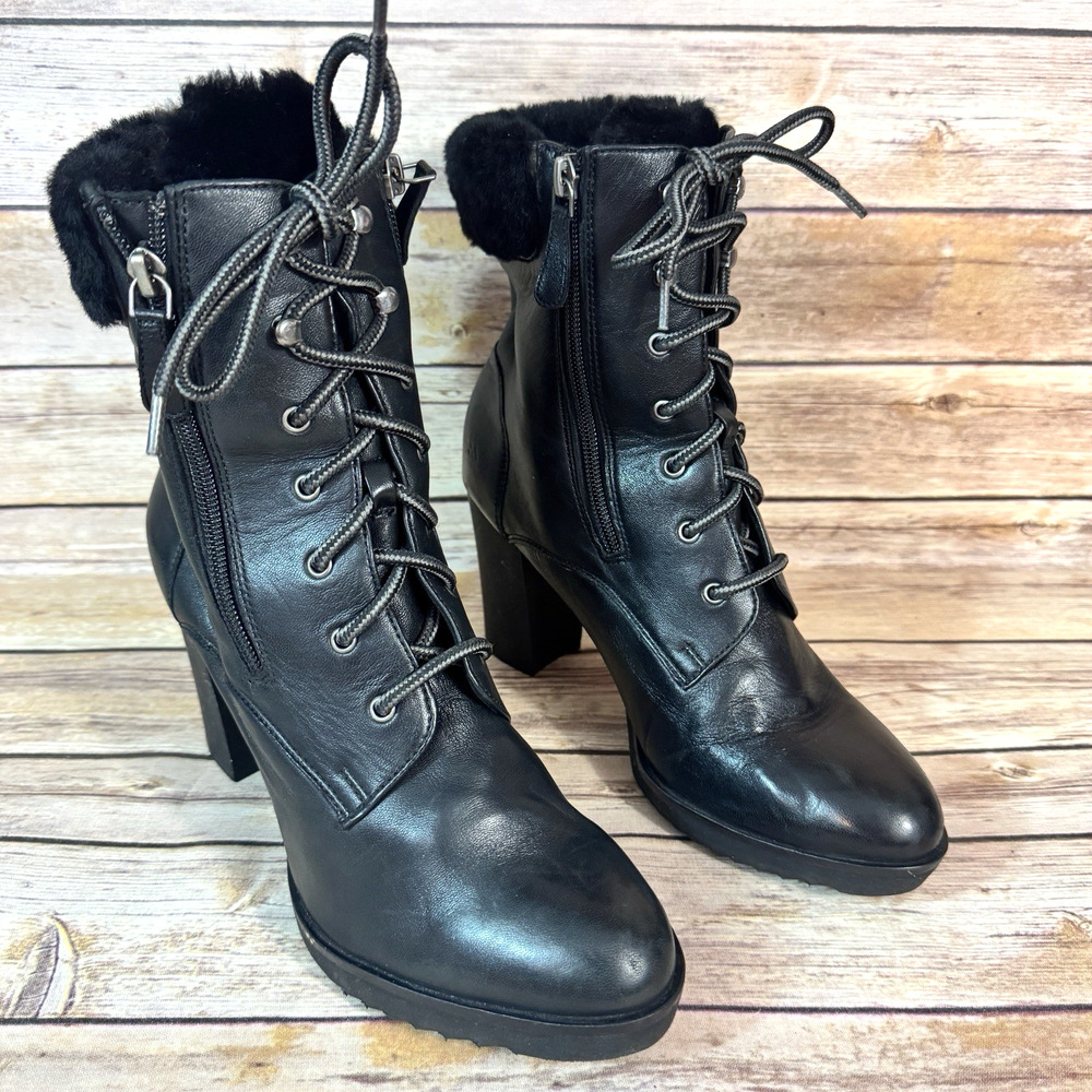 Johnston & Murphy Womens Black Leather Block Heel Fur Trim Lace Up Boots 8.5